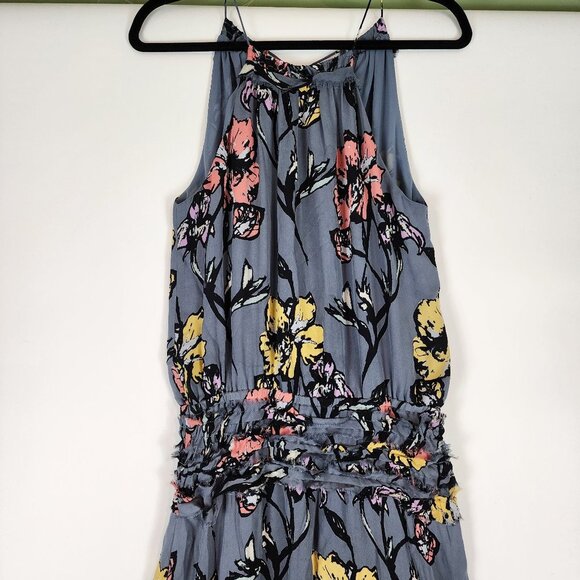 Ramy Brook 100% Silk Blue Floral Midi Dress Halter Tie Tassel Top Designer Dress - Picture 2 of 11